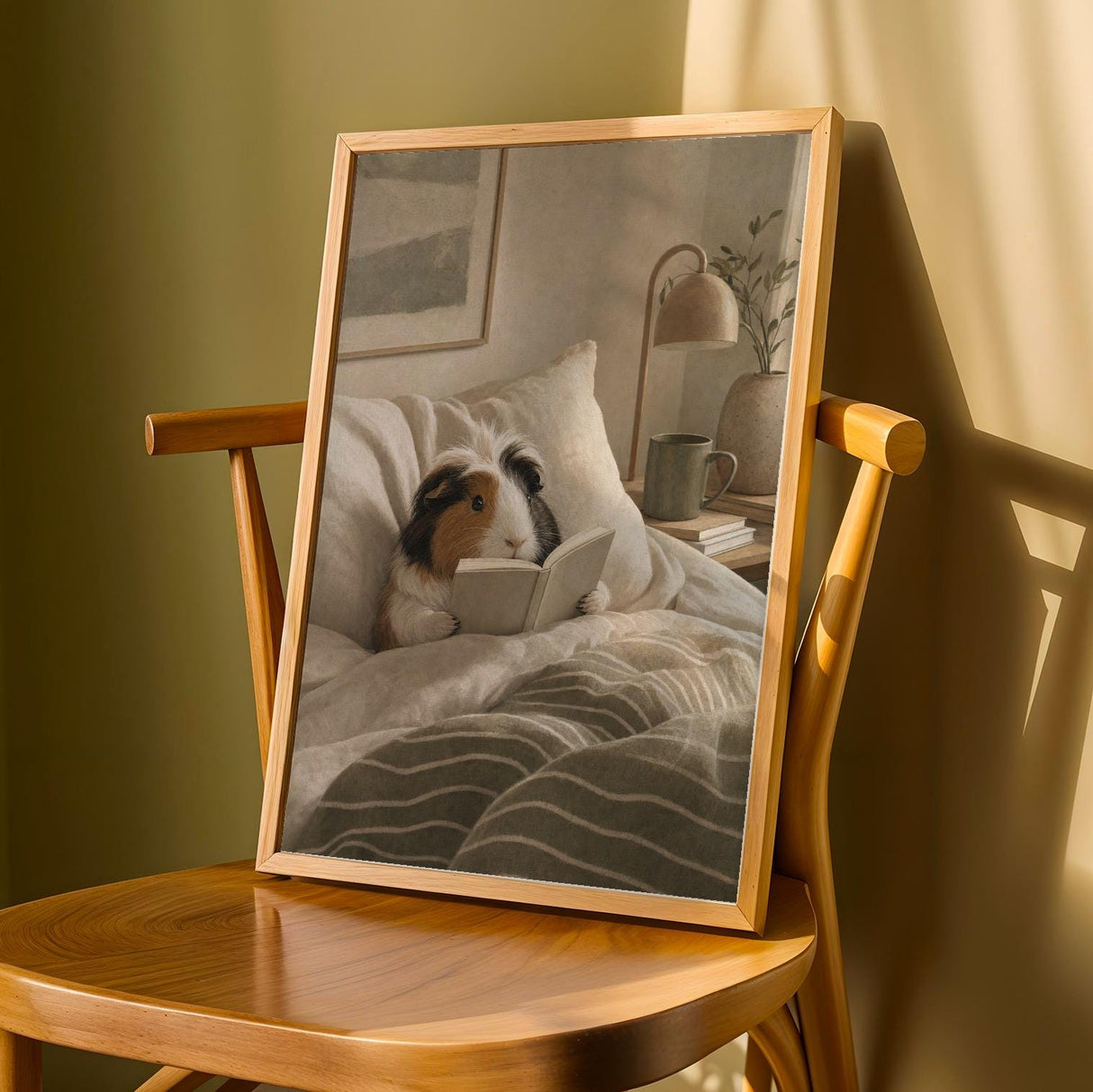 Coronet Guinea Pig Reading in Bed Poster | Scandinavian Gouache Guinea Pig Wall Art | Warm Beige Oat Milk Decor | Cozy Bedroom Print