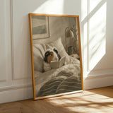 Coronet Guinea Pig Reading in Bed Poster | Scandinavian Gouache Guinea Pig Wall Art | Warm Beige Oat Milk Decor | Cozy Bedroom Print