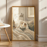 Texel Guinea Pig Reading in Bed Poster | Modern Soft Gouache Guinea Pig Wall Art | Warm Beige Oat Milk Decor | Cozy Minimalist Bedroom Print