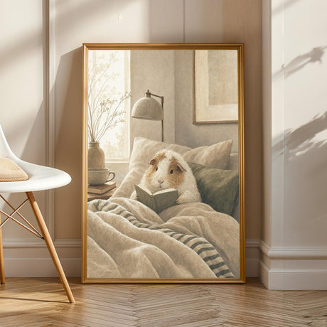 Texel Guinea Pig Reading in Bed Poster | Modern Soft Gouache Guinea Pig Wall Art | Warm Beige Oat Milk Decor | Cozy Minimalist Bedroom Print