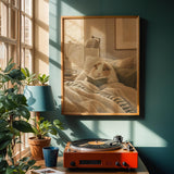 Texel Guinea Pig Reading in Bed Poster | Modern Soft Gouache Guinea Pig Wall Art | Warm Beige Oat Milk Decor | Cozy Minimalist Bedroom Print