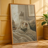 Texel Guinea Pig Reading in Bed Poster | Modern Soft Gouache Guinea Pig Wall Art | Warm Beige Oat Milk Decor | Cozy Minimalist Bedroom Print