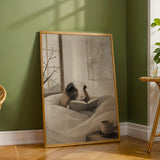 White Guinea Pig Reading in Bed Poster | Japanese Zen Ink Wash Guinea Pig Wall Art | Warm Ivory Neutral Decor | Minimalist Bedroom Print