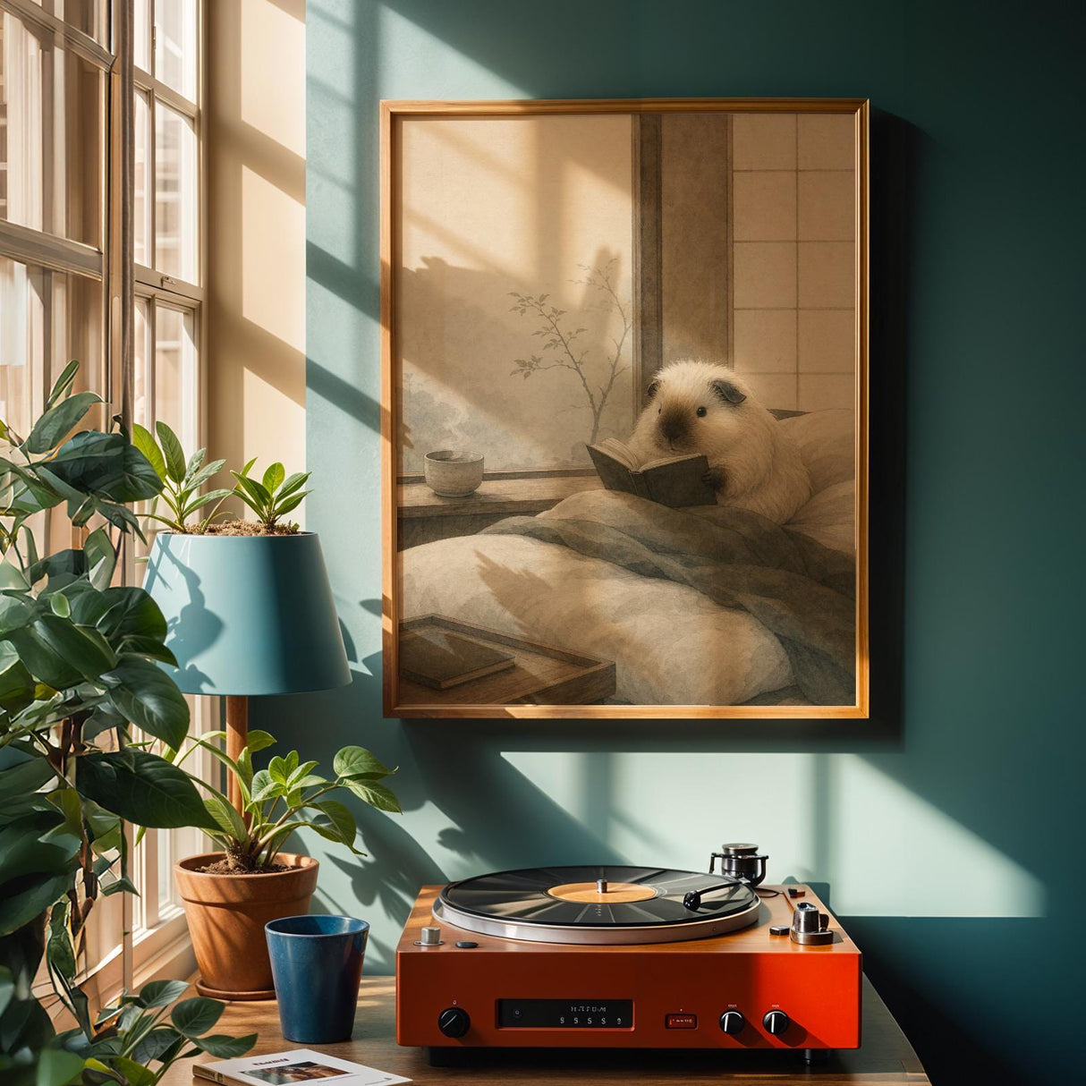 Himalayan Guinea Pig Reading in Bed Poster | Japanese Zen Sumi-e Guinea Pig Wall Art | Warm Ivory Fog Gray Decor | Minimalist Bedroom Print