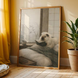 Himalayan Guinea Pig Reading in Bed Poster | Japanese Zen Sumi-e Guinea Pig Wall Art | Warm Ivory Fog Gray Decor | Minimalist Bedroom Print