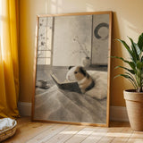 American Guinea Pig Reading in Bed Poster | Japanese Zen Ink Wash Guinea Pig Wall Art | Warm Ivory Fog Gray Decor | Minimalist Bedroom Print