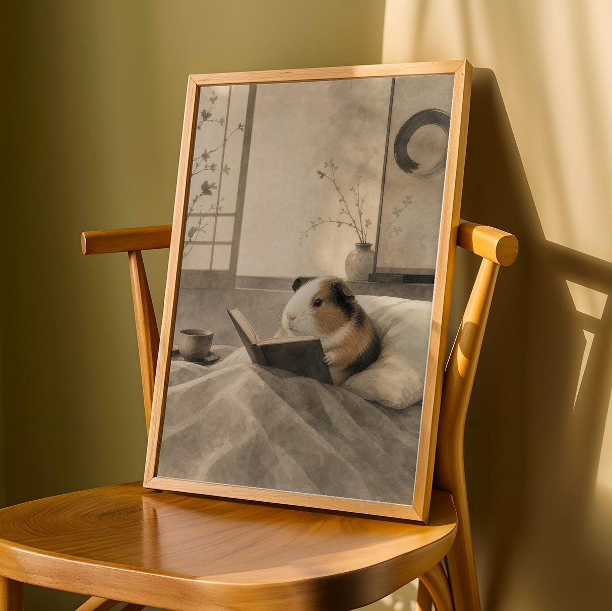 American Guinea Pig Reading in Bed Poster | Japanese Zen Ink Wash Guinea Pig Wall Art | Warm Ivory Fog Gray Decor | Minimalist Bedroom Print