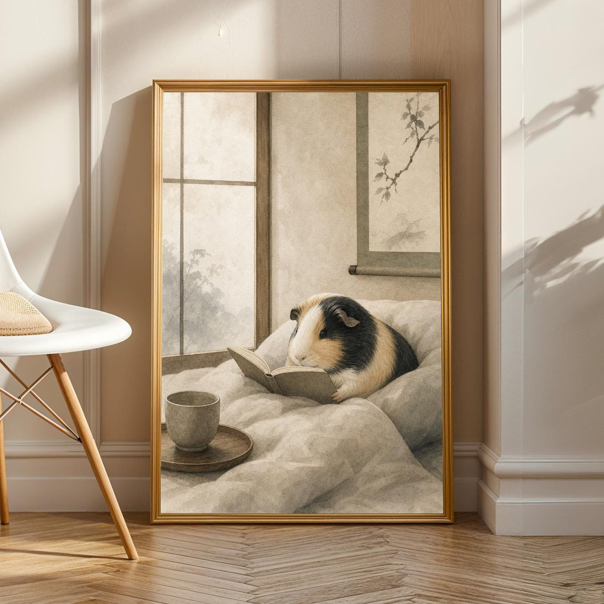 Satin Guinea Pig Reading in Bed Poster | Japanese Zen Ink Wash Guinea Pig Wall Art | Warm Ivory Fog Gray Decor | Living Room Print