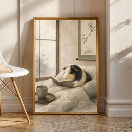 Satin Guinea Pig Reading in Bed Poster | Japanese Zen Ink Wash Guinea Pig Wall Art | Warm Ivory Fog Gray Decor | Living Room Print
