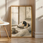 Satin Guinea Pig Reading in Bed Poster | Japanese Zen Ink Wash Guinea Pig Wall Art | Warm Ivory Fog Gray Decor | Living Room Print