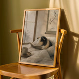 Satin Guinea Pig Reading in Bed Poster | Japanese Zen Ink Wash Guinea Pig Wall Art | Warm Ivory Fog Gray Decor | Living Room Print