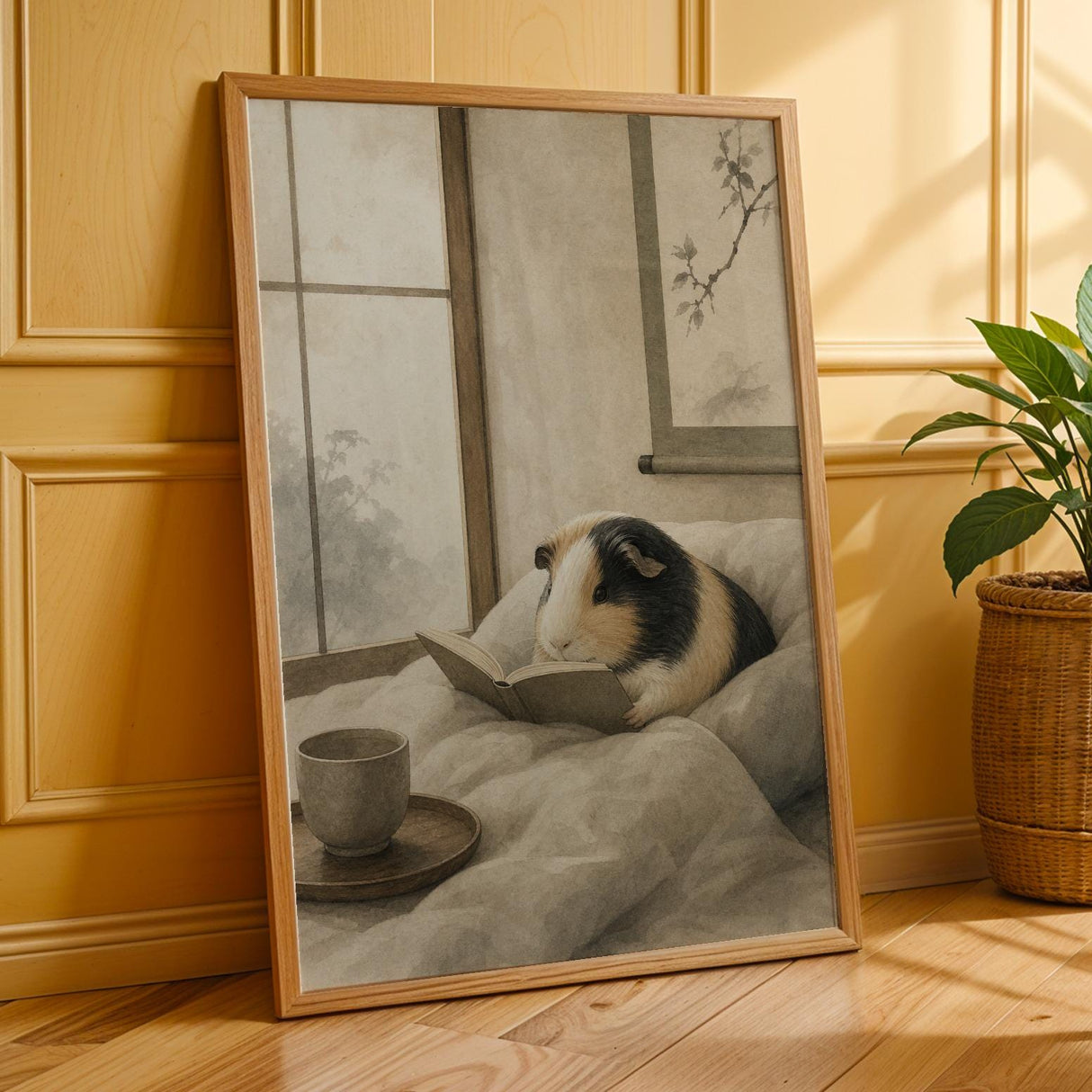 Satin Guinea Pig Reading in Bed Poster | Japanese Zen Ink Wash Guinea Pig Wall Art | Warm Ivory Fog Gray Decor | Living Room Print