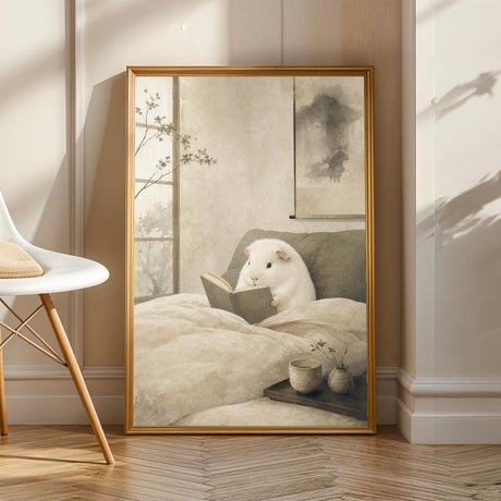 White Guinea Pig Reading in Bed Poster | Japanese Zen Sumi-e Guinea Pig Wall Art | Warm Ivory Fog Gray Decor | Minimalist Bedroom Print