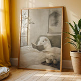 White Guinea Pig Reading in Bed Poster | Japanese Zen Sumi-e Guinea Pig Wall Art | Warm Ivory Fog Gray Decor | Minimalist Bedroom Print