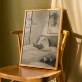 White Guinea Pig Reading in Bed Poster | Japanese Zen Sumi-e Guinea Pig Wall Art | Warm Ivory Fog Gray Decor | Minimalist Bedroom Print