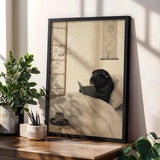 Black Guinea Pig Reading in Bed Poster | Japanese Zen Sumi-e Guinea Pig Wall Art | Warm Ivory Fog Gray Decor | Minimalist Bedroom Print