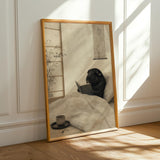 Black Guinea Pig Reading in Bed Poster | Japanese Zen Sumi-e Guinea Pig Wall Art | Warm Ivory Fog Gray Decor | Minimalist Bedroom Print