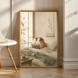 Teddy Guinea Pig Reading in Bed Poster | Japanese Zen Sumi-e Guinea Pig Wall Art | Warm Ivory Fog Gray Decor | Minimalist Bedroom Print