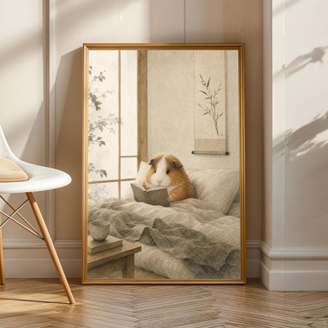 Teddy Guinea Pig Reading in Bed Poster | Japanese Zen Sumi-e Guinea Pig Wall Art | Warm Ivory Fog Gray Decor | Minimalist Bedroom Print