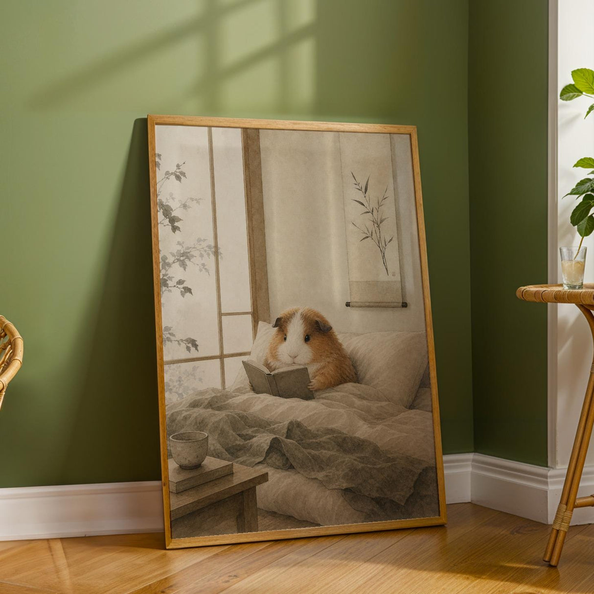 Teddy Guinea Pig Reading in Bed Poster | Japanese Zen Sumi-e Guinea Pig Wall Art | Warm Ivory Fog Gray Decor | Minimalist Bedroom Print