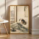 Sheltie Guinea Pig Reading in Bed Poster | Japanese Zen Ink Wash Guinea Pig Wall Art | Warm Ivory Fog Gray Decor | Living Room Print