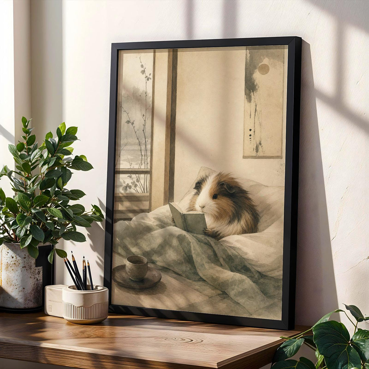Sheltie Guinea Pig Reading in Bed Poster | Japanese Zen Ink Wash Guinea Pig Wall Art | Warm Ivory Fog Gray Decor | Living Room Print