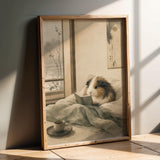 Sheltie Guinea Pig Reading in Bed Poster | Japanese Zen Ink Wash Guinea Pig Wall Art | Warm Ivory Fog Gray Decor | Living Room Print