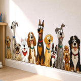 Cartoon group of happy dogs sitting in a row with different breeds and colorful collars, designed as a wall vinyl decal on a white background.