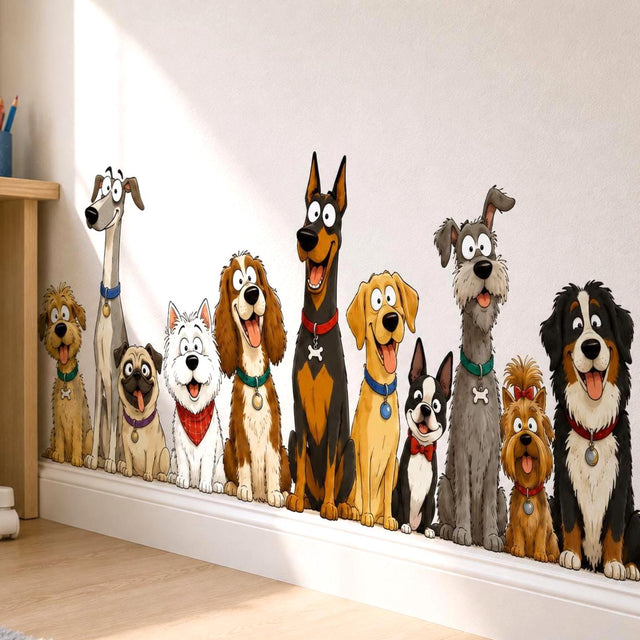 Cartoon group of happy dogs sitting in a row with different breeds and colorful collars, designed as a wall vinyl decal on a white background.