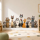 Cartoon group of happy cats sitting in a row with different colors and patterns, wearing cute collars, designed as a wall vinyl decal on a white background.