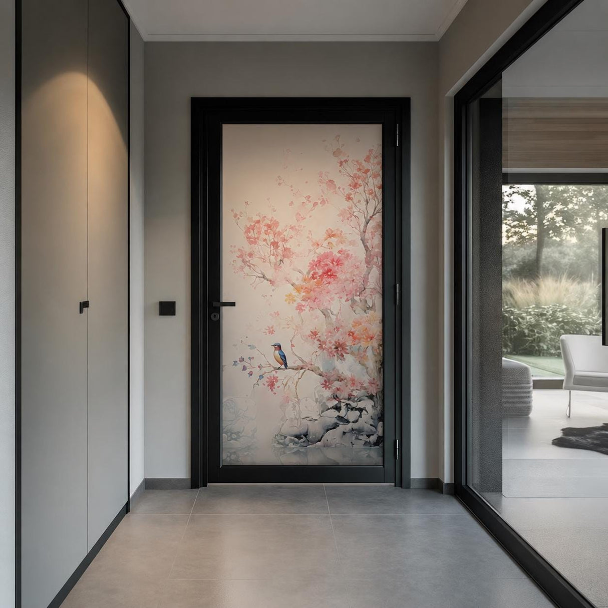 Etched Glass Door Vinyl Decal Cherry Blossoms | Frosted Floral Window Film | Privacy Glass Sticker | Entry Door Bath Decor | Bird Art ZenSpa