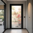 Etched frosted glass door decal with soft pink cherry blossoms and branches, a small bird detail, and a light airy background for privacy on glass.