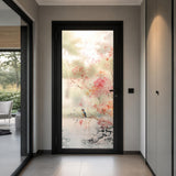 Etched frosted glass door decal with soft pink cherry blossoms and branches, a small bird detail, and a light airy background for privacy on glass.