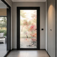 Etched frosted glass door decal with soft pink cherry blossoms and branches, a small bird detail, and a light airy background for privacy on glass.