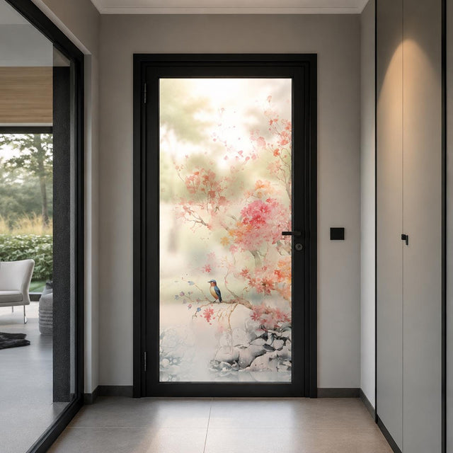 Etched frosted glass door decal with soft pink cherry blossoms and branches, a small bird detail, and a light airy background for privacy on glass.
