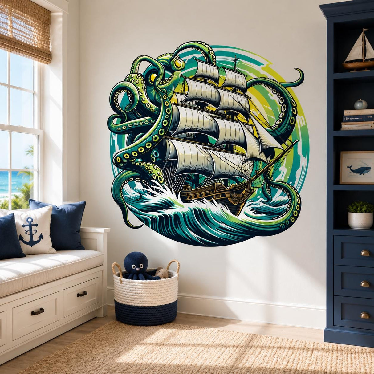 Kraken Pirate Ship Wall Vinyl Decal | Octopus Sea Monster Sticker | Nautical Ocean Wall Art | Sailing Adventure Decor | 3D Wave Design