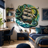 Kraken Pirate Ship Wall Vinyl Decal | Octopus Sea Monster Sticker | Nautical Ocean Wall Art | Sailing Adventure Decor | 3D Wave Design
