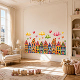 Colorful Watercolor Houses Wall Vinyl Decal | Rainbow Town Street Sticker | Cute Clouds Hearts Wall Art | Nursery Kids Room Playroom Decor
