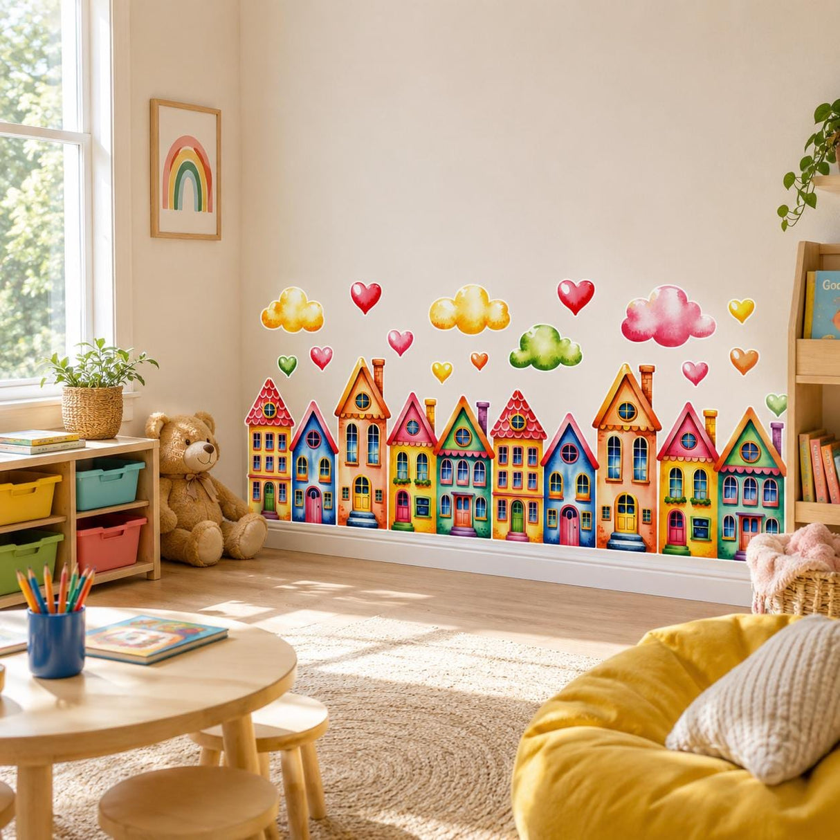 Colorful Watercolor Houses Wall Vinyl Decal | Rainbow Town Street Sticker | Cute Clouds Hearts Wall Art | Nursery Kids Room Playroom Decor