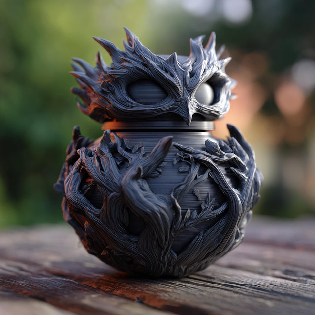 3D printed dark fantasy raven memorial urn with sculpted feather-like branches and removable lid displayed on a rustic wooden surface outdoors.
