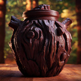 3D printed goblincore woodland memorial urn with tree bark texture, branch details, and removable lid displayed on a rustic wooden table.