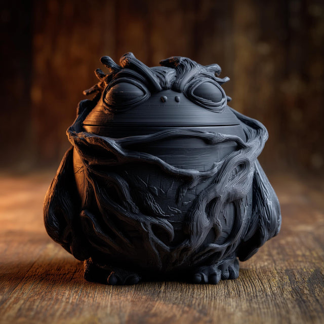 3D printed dark goblincore frog memorial urn with woodland root textures and removable lid displayed on a rustic wooden surface.