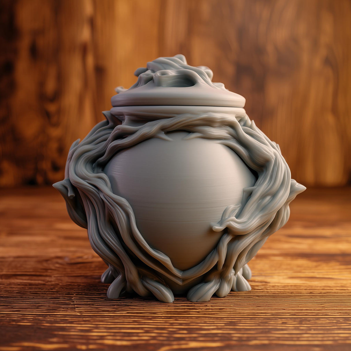 3D printed goblincore woodland memorial urn with sculpted twisting roots, organic forest details, and removable lid on a wooden table.