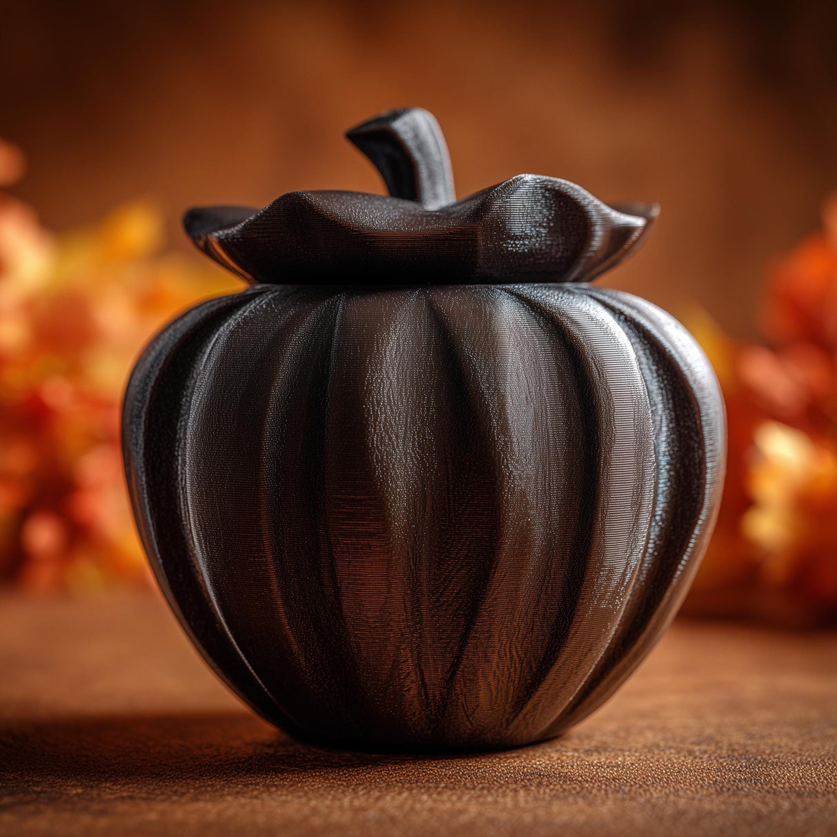 3D printed goblincore pumpkin memorial urn with removable lid displayed on an autumn-themed shelf surrounded by warm seasonal decor.