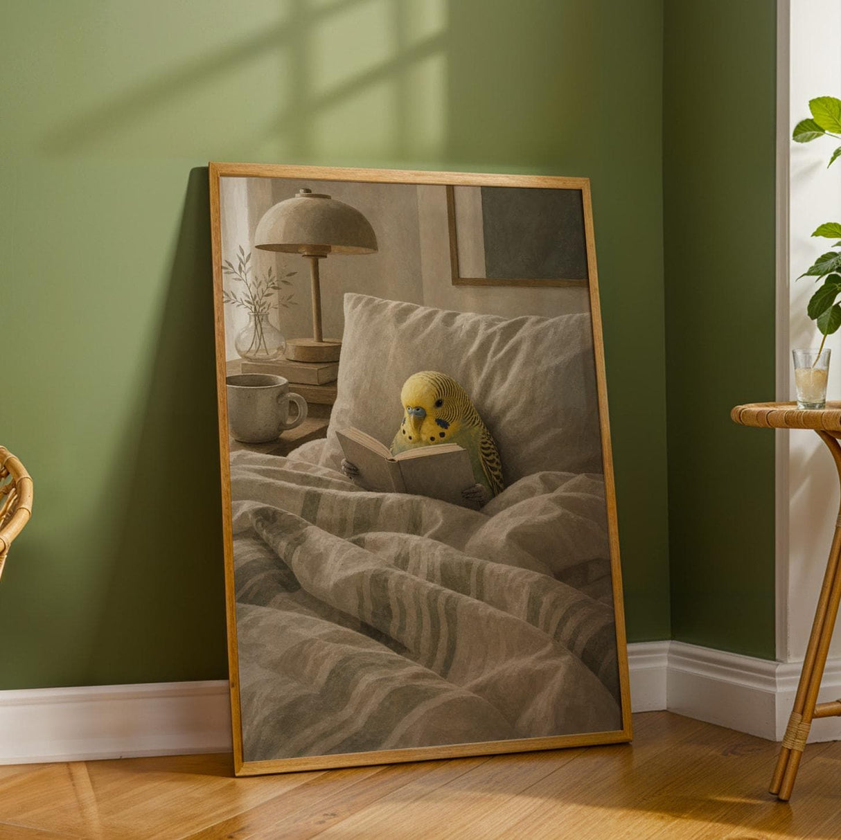 Yellowface Budgerigar Reading in Bed Poster | Modern Gouache Bird Wall Art | Warm Neutral Bedroom Decor | Cozy Minimalist Nook Print