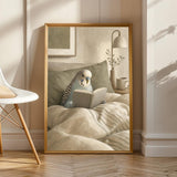 English Budgerigar Reading in Bed Poster | Modern Gouache Bird Wall Art | Warm Beige Oat Milk Decor | Cozy Minimalist Bedroom Print