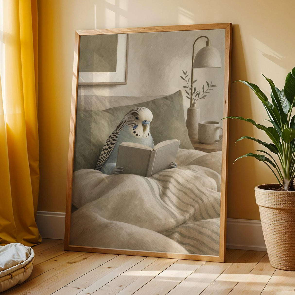 English Budgerigar Reading in Bed Poster | Modern Gouache Bird Wall Art | Warm Beige Oat Milk Decor | Cozy Minimalist Bedroom Print
