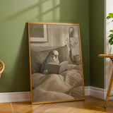 English Budgerigar Reading in Bed Poster | Modern Gouache Bird Wall Art | Warm Beige Oat Milk Decor | Cozy Minimalist Bedroom Print