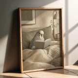 English Budgerigar Reading in Bed Poster | Modern Gouache Bird Wall Art | Warm Beige Oat Milk Decor | Cozy Minimalist Bedroom Print