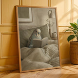 English Budgerigar Reading in Bed Poster | Modern Gouache Bird Wall Art | Warm Beige Oat Milk Decor | Cozy Minimalist Bedroom Print